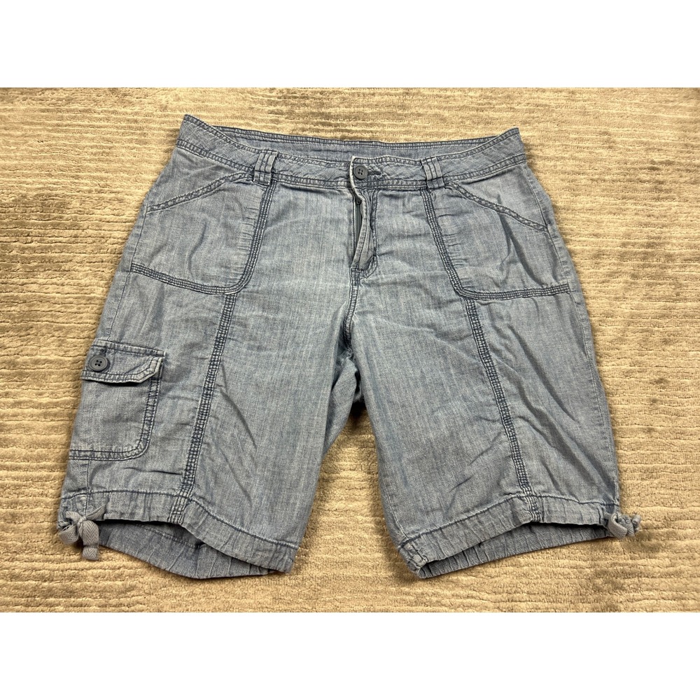 St. Johns Bay Shorts Womens 12 Blue Chambray Cargo Utility Tie Hem 9 Inseam